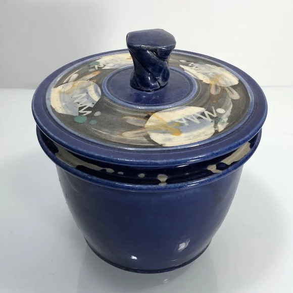 Frog Valley Artisans Handmade Blue Glazed Pottery Pot with Lid - Picture 1 of 9